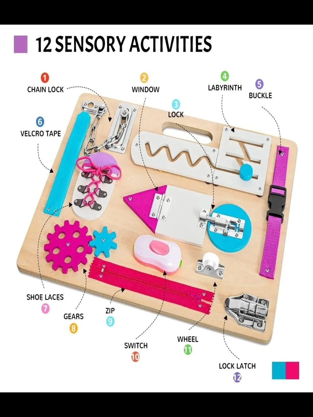 Wooden Montessori Busy Board for Kids - Pink, Turquoise, White